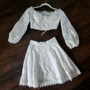 Twosisters‎ 2 Piece Set White Cotton Eyelet Long Sleeve Crop Top Mini Skirt US 2